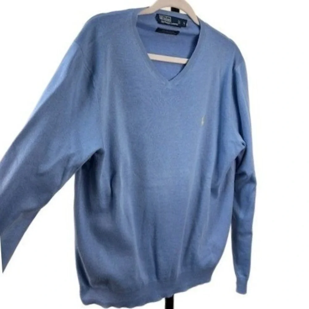 Polo Ralph Lauren Sweater Men's Size Large Light Blue 100% Pima Cotton V‎ Neck